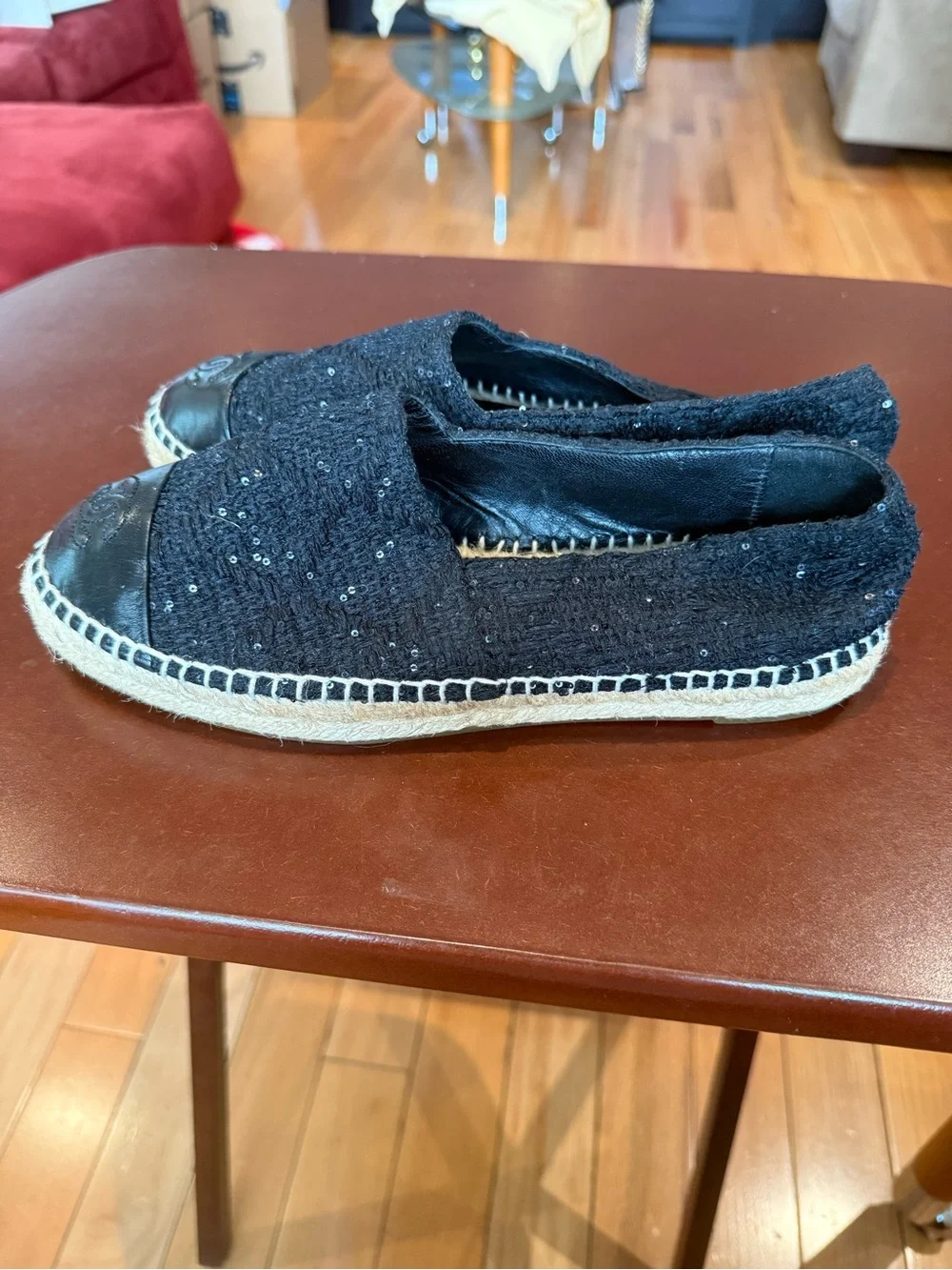 Authentic Chanel Black Sequin Espadrille Flats - Designer Logo Cap Toe